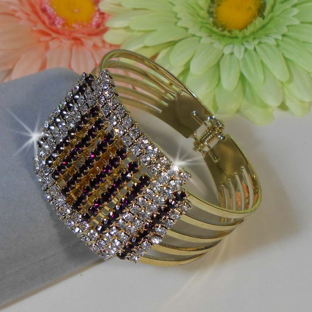 Black Amethyst & CZ Hinged Bangle Bracelet A